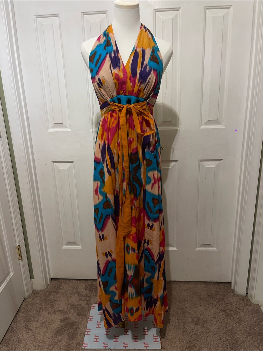 Vibrant Multicolor Halter Maxi Dress with Waist Tie